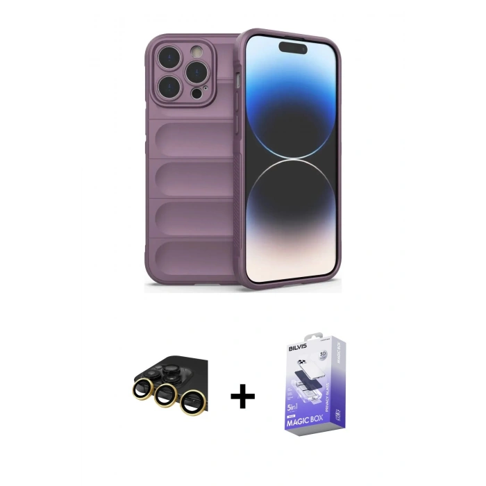 MARSİLYAN™- iPhone 14 Pro Max Kılıf Atlas Koleksiyonu - Siyah Bilvis 5in1 5D Magic Hayalet Cam Ekran Koruyucu + Raze Metal Kamera Lens - GD