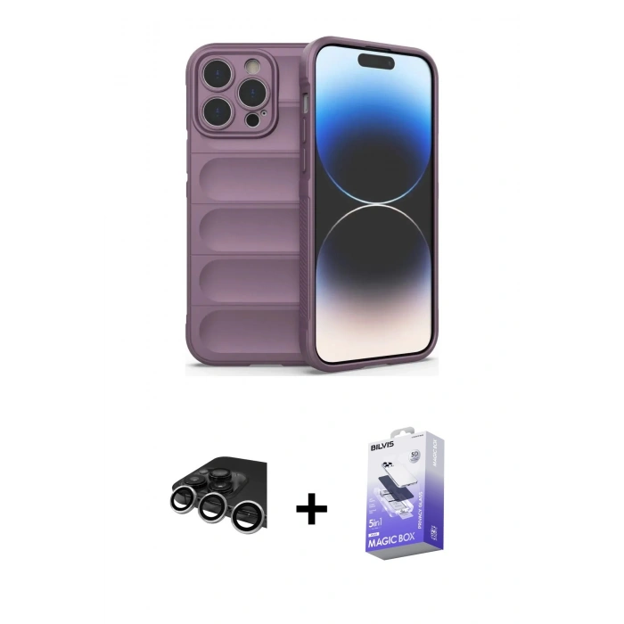 MARSİLYAN™- iPhone 14 Pro Max Kılıf Atlas Koleksiyonu - Siyah Bilvis 5in1 5D Magic Hayalet Cam Ekran Koruyucu + Raze Metal Kamera Lens - GS
