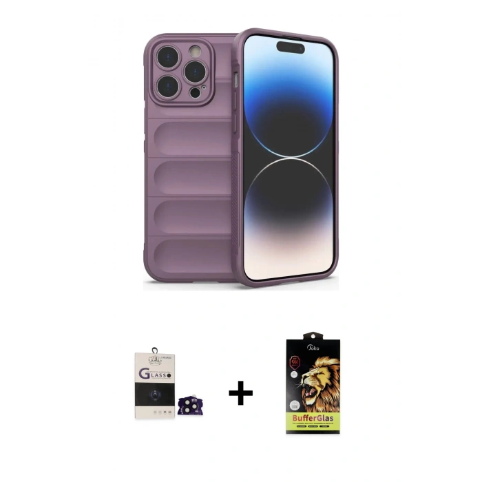 MARSİLYAN™- iPhone 14 Pro Max Kılıf Atlas Koleksiyonu - Siyah Buffer Cam Ekran Koruyucu + Bilvis Titan Kamera Lens - SH