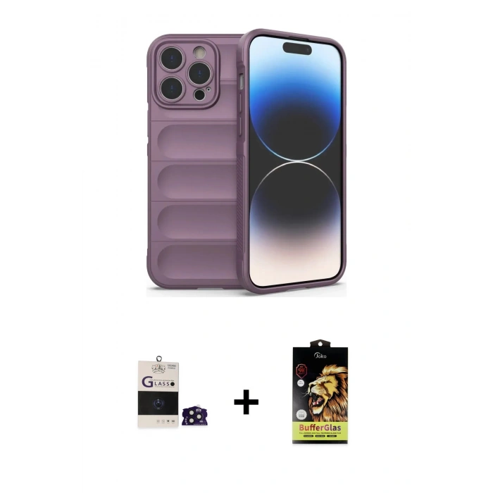MARSİLYAN™- iPhone 14 Pro Max Kılıf Atlas Koleksiyonu - Siyah Buffer Cam Ekran Koruyucu + Bilvis Titan Kamera Lens - DNMR