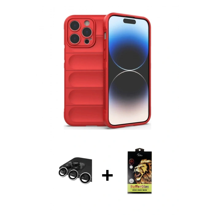 MARSİLYAN™- iPhone 14 Pro Max Kılıf Atlas Koleksiyonu - Siyah Buffer Cam Ekran Koruyucu + Raze Metal Kamera Lens - GS