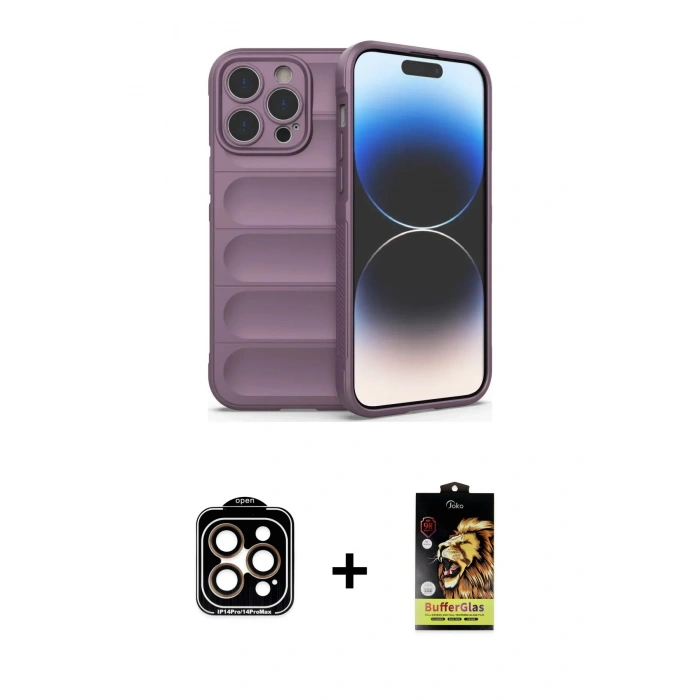 MARSİLYAN™- iPhone 14 Pro Max Kılıf Atlas Koleksiyonu - Siyah Buffer Cam Ekran Koruyucu + PVD Metal Kamera Lens - TU