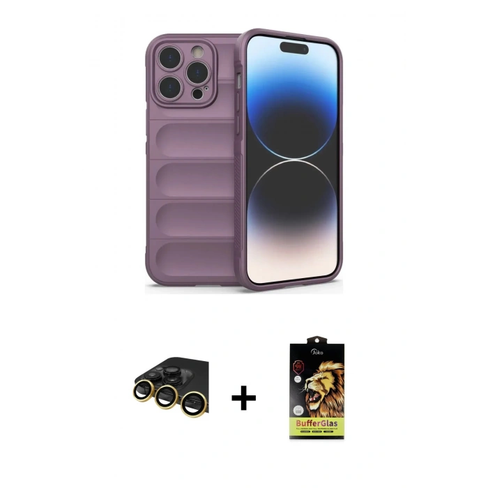 MARSİLYAN™- iPhone 14 Pro Max Kılıf Atlas Koleksiyonu - Siyah Buffer Cam Ekran Koruyucu + Raze Metal Kamera Lens - GD