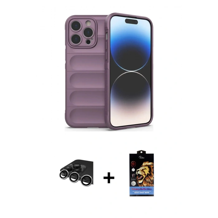 MARSİLYAN™- iPhone 14 Pro Max Kılıf Atlas Koleksiyonu - Siyah Buffer Hayalet Cam Ekran Koruyucu + Raze Metal Kamera Lens - GS