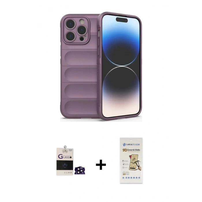 MARSİLYAN™- iPhone 14 Pro Max Kılıf Atlas Koleksiyonu - Siyah Mat Seramik Nano Ekran Koruyucu + Bilvis Titan Kamera Lens - DNMR