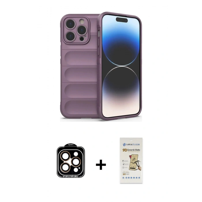 MARSİLYAN™- iPhone 14 Pro Max Kılıf Atlas Koleksiyonu - Siyah Mat Seramik Nano Ekran Koruyucu + PVD Metal Kamera Lens - TU