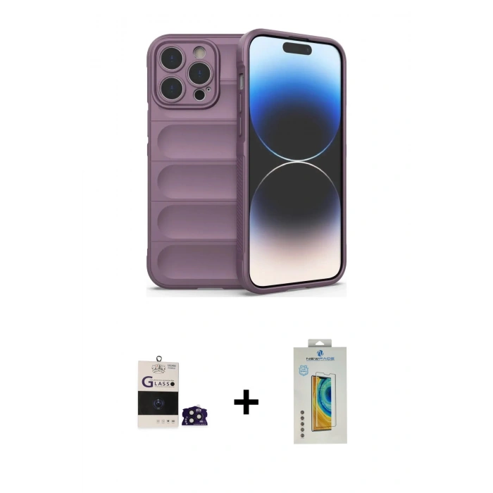 MARSİLYAN™- iPhone 14 Pro Max Kılıf Atlas Koleksiyonu - Siyah Polymer Nano Ekran Koruyucu + Bilvis Titan Kamera Lens - DNMR