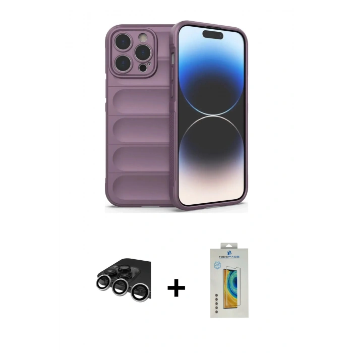 MARSİLYAN™- iPhone 14 Pro Max Kılıf Atlas Koleksiyonu - Siyah Polymer Nano Ekran Koruyucu + Raze Metal Kamera Lens - GS