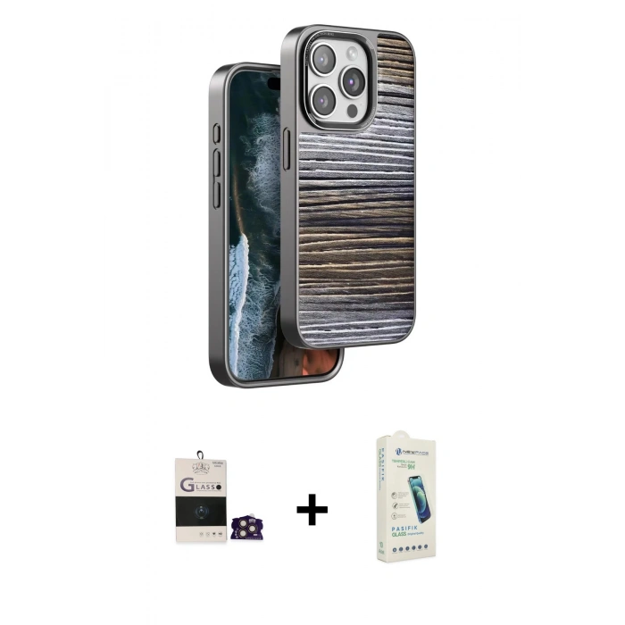 MARSİLYAN™- iPhone 14 Pro Max Kılıf Atlas Minimal Özel Seri - Şeffaf Pasifik Cam Ekran Koruyucu + Bilvis Titan Kamera Lens - GD