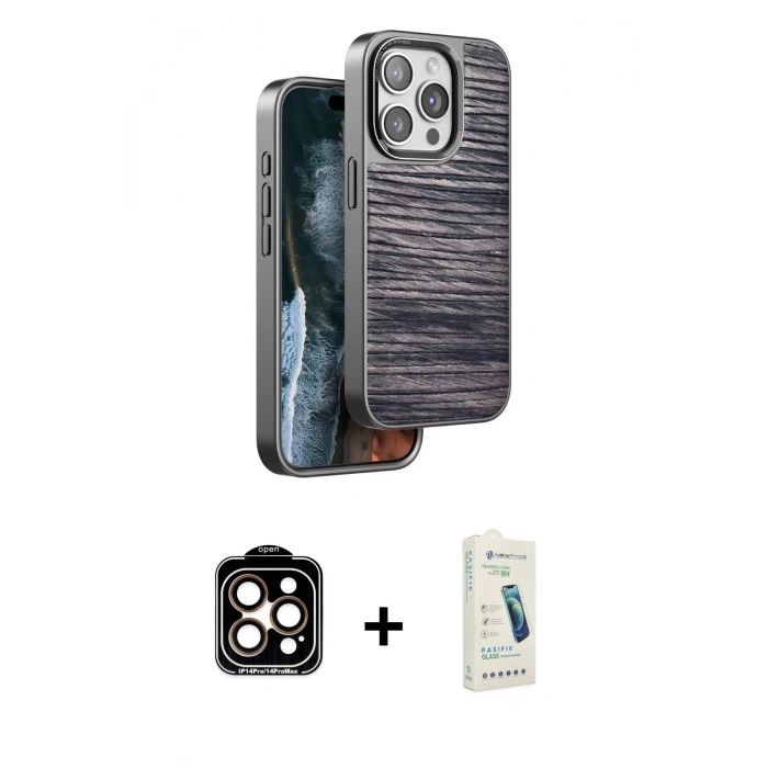 MARSİLYAN™- iPhone 14 Pro Max Kılıf Atlas Minimal Özel Seri - Şeffaf Pasifik Cam Ekran Koruyucu + Turuncu PVD Metal Kamera Lens