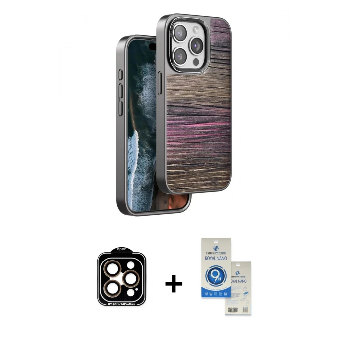 MARSİLYAN™- iPhone 14 Pro Max Kılıf Atlas Minimal Özel Seri - Şeffaf Royal Nano Ekran Koruyucu + Turuncu PVD Metal Kamera Lens