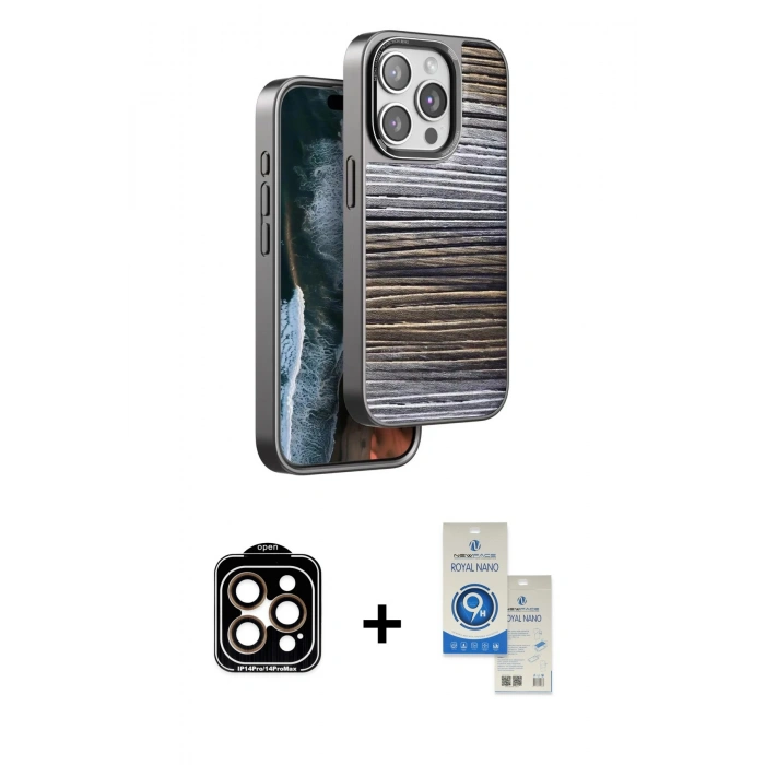 MARSİLYAN™- iPhone 14 Pro Max Kılıf Atlas Minimal Özel Seri - Şeffaf Royal Nano Ekran Koruyucu + Turuncu PVD Metal Kamera Lens