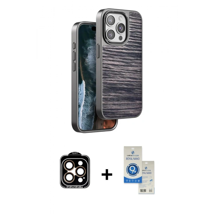 MARSİLYAN™- iPhone 14 Pro Max Kılıf Atlas Minimal Özel Seri - Şeffaf Royal Nano Ekran Koruyucu + Turuncu PVD Metal Kamera Lens