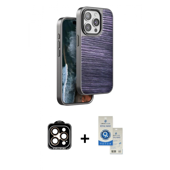 MARSİLYAN™- iPhone 14 Pro Max Kılıf Atlas Minimal Özel Seri - Şeffaf Royal Nano Ekran Koruyucu + Turuncu PVD Metal Kamera Lens