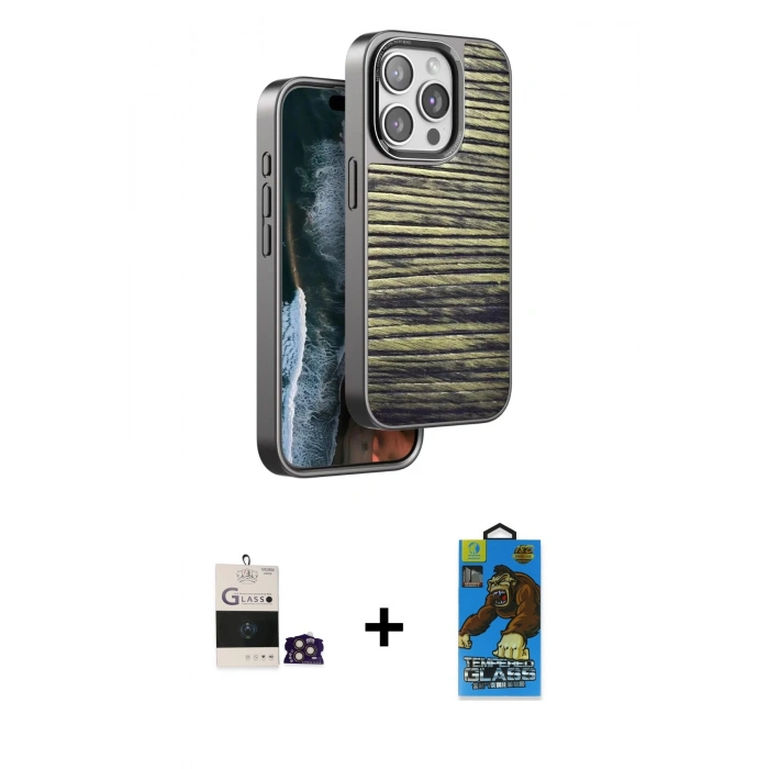 MARSİLYAN™- iPhone 14 Pro Max Kılıf Atlas Minimal Özel Seri - Siyah 18D Cam Ekran Koruyucu + Bilvis Titan Kamera Lens - GD