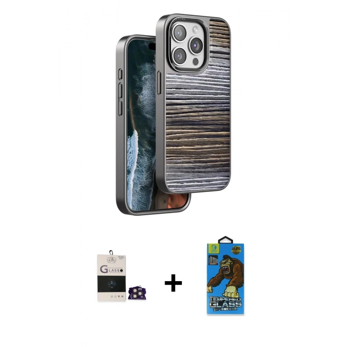 MARSİLYAN™- iPhone 14 Pro Max Kılıf Atlas Minimal Özel Seri - Siyah 18D Cam Ekran Koruyucu + Bilvis Titan Kamera Lens - GD