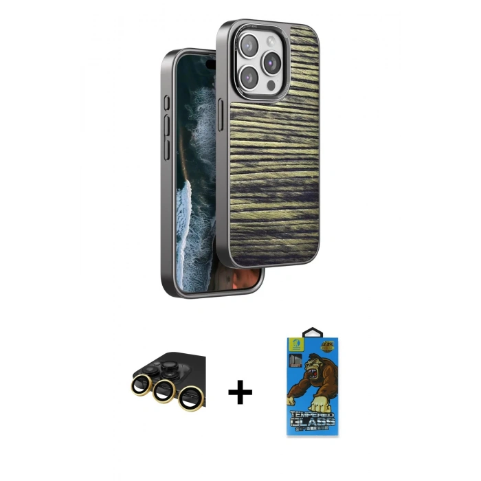 MARSİLYAN™- iPhone 14 Pro Max Kılıf Atlas Minimal Özel Seri - Siyah 18D Cam Ekran Koruyucu + Raze Metal Kamera Lens - GD