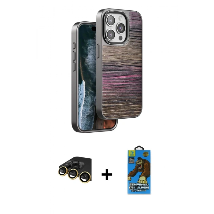 MARSİLYAN™- iPhone 14 Pro Max Kılıf Atlas Minimal Özel Seri - Siyah 18D Cam Ekran Koruyucu + Raze Metal Kamera Lens - GD