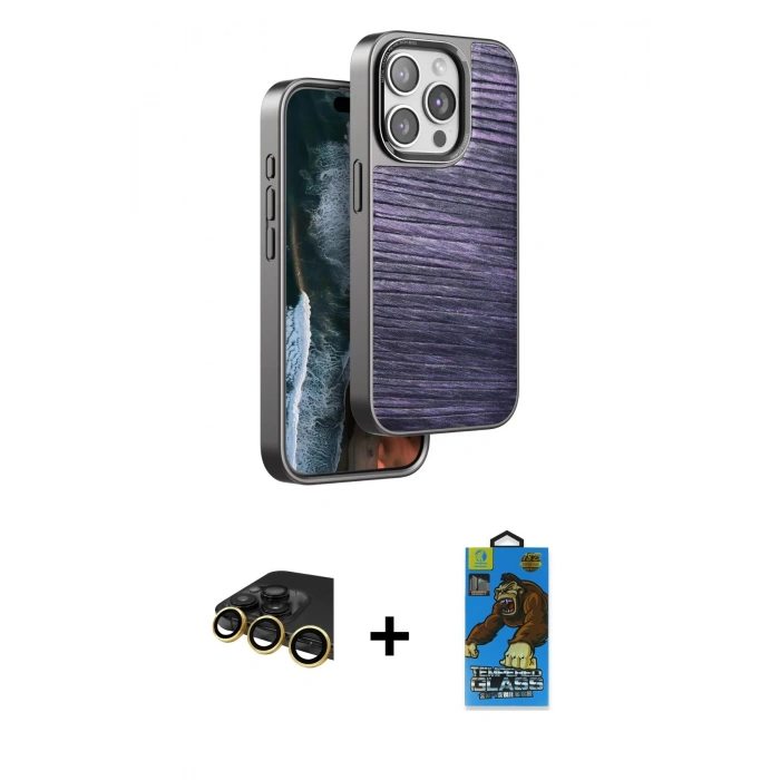 MARSİLYAN™- iPhone 14 Pro Max Kılıf Atlas Minimal Özel Seri - Siyah 18D Cam Ekran Koruyucu + Raze Metal Kamera Lens - GD