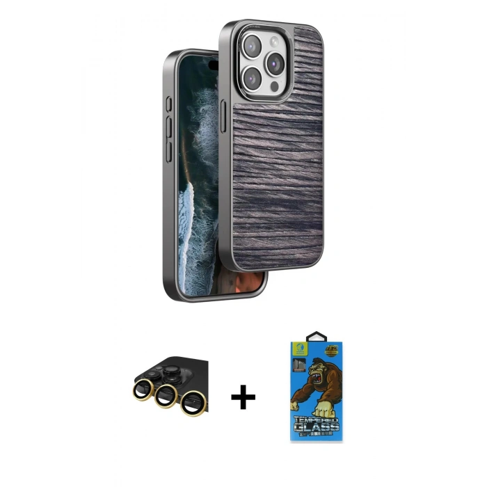 MARSİLYAN™- iPhone 14 Pro Max Kılıf Atlas Minimal Özel Seri - Siyah 18D Cam Ekran Koruyucu + Raze Metal Kamera Lens - GD