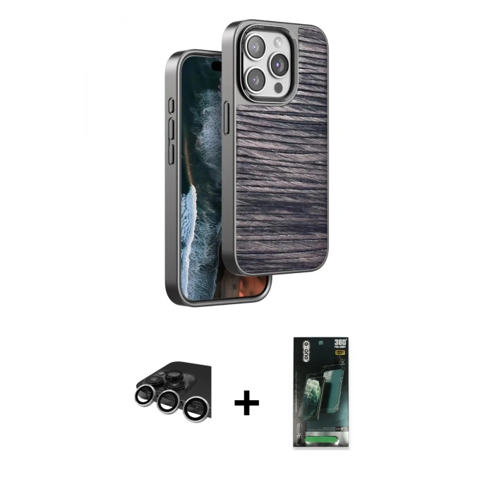 MARSİLYAN™- iPhone 14 Pro Max Kılıf Atlas Minimal Özel Seri - Siyah 360 Mat Full Body Arka Koruyucu + Raze Metal Kamera Lens - GS