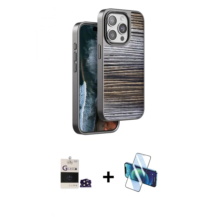 MARSİLYAN™- iPhone 14 Pro Max Kılıf Atlas Minimal Özel Seri - Siyah 3D Antistatik Cam Ekran Koruyucu + Bilvis Titan Kamera Lens - DNMR