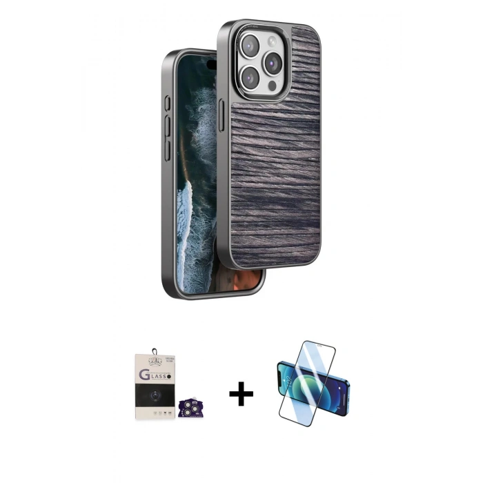 MARSİLYAN™- iPhone 14 Pro Max Kılıf Atlas Minimal Özel Seri - Siyah 3D Antistatik Cam Ekran Koruyucu + Bilvis Titan Kamera Lens - GS