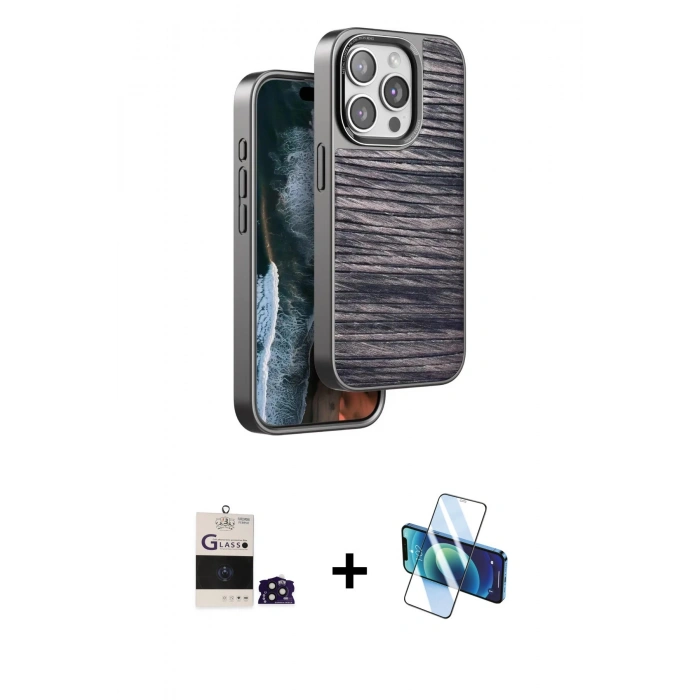 MARSİLYAN™- iPhone 14 Pro Max Kılıf Atlas Minimal Özel Seri - Siyah 3D Antistatik Cam Ekran Koruyucu + Bilvis Titan Kamera Lens - DNMR