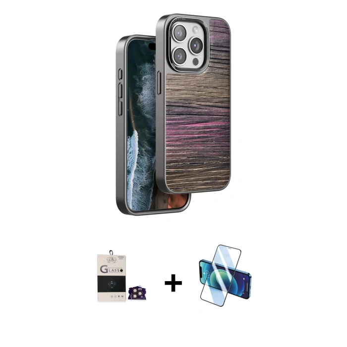 MARSİLYAN™- iPhone 14 Pro Max Kılıf Atlas Minimal Özel Seri - Siyah 3D Antistatik Cam Ekran Koruyucu + Bilvis Titan Kamera Lens - GD