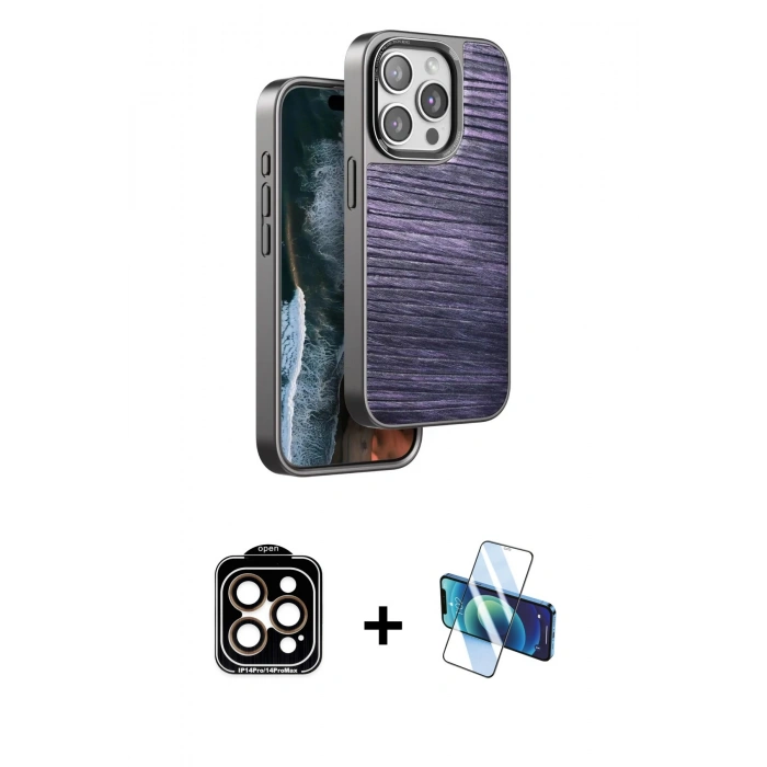 MARSİLYAN™- iPhone 14 Pro Max Kılıf Atlas Minimal Özel Seri - Siyah 3D Antistatik Cam Ekran Koruyucu + PVD Metal Kamera Lens - TU