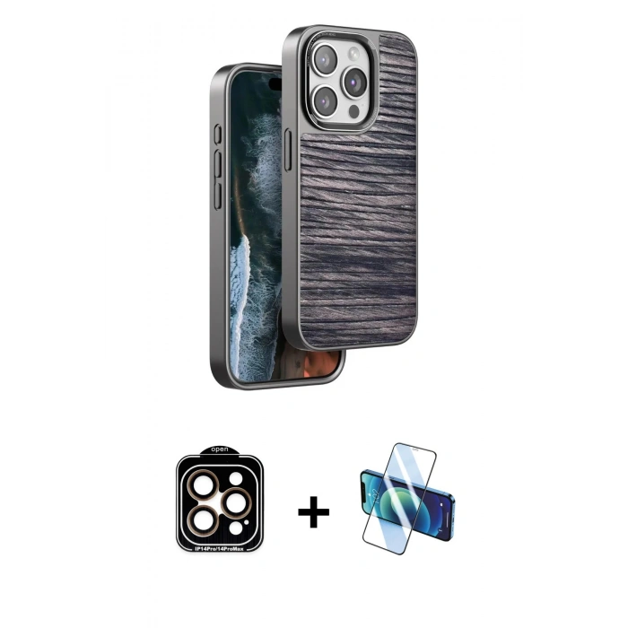 MARSİLYAN™- iPhone 14 Pro Max Kılıf Atlas Minimal Özel Seri - Siyah 3D Antistatik Cam Ekran Koruyucu + PVD Metal Kamera Lens - TU