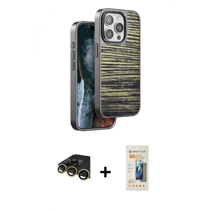 MARSİLYAN™- iPhone 14 Pro Max Kılıf Atlas Minimal Özel Seri - Siyah 6D Mat Seramik Hayalet Nano Ekran Koruyucu + Raze Metal Kamera Lens - GD
