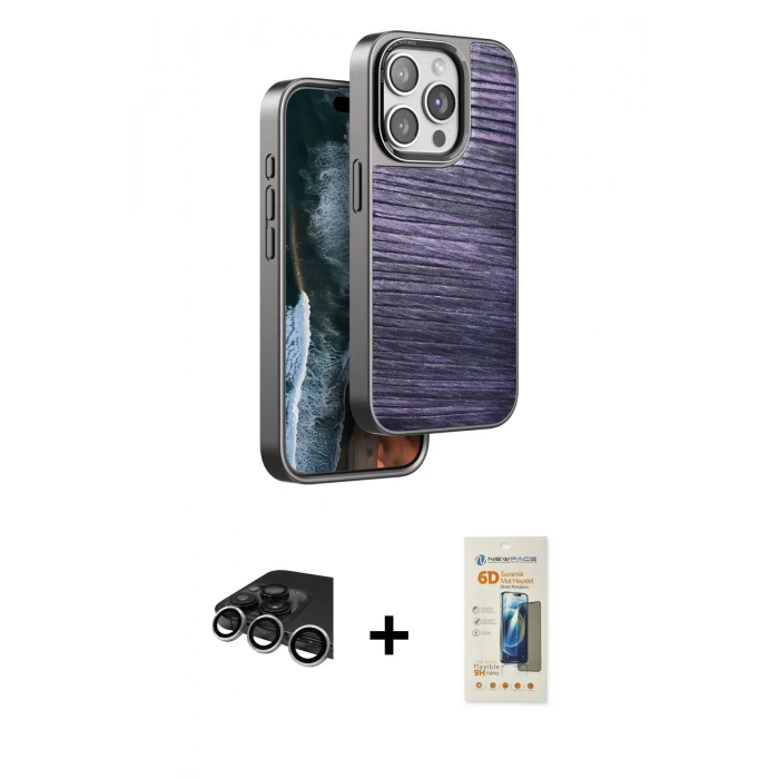 MARSİLYAN™- iPhone 14 Pro Max Kılıf Atlas Minimal Özel Seri - Siyah 6D Mat Seramik Hayalet Nano Ekran Koruyucu + Gümüş Raze Metal Kamera Lens