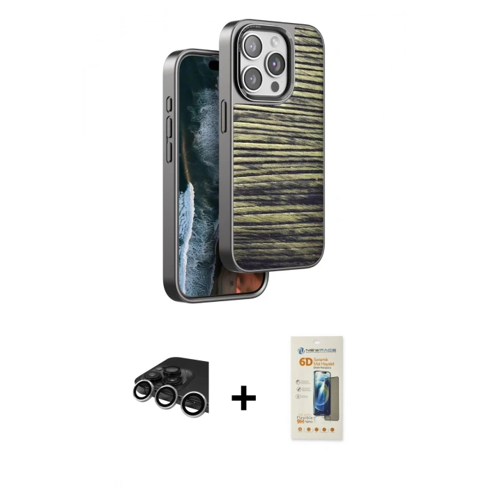 MARSİLYAN™- iPhone 14 Pro Max Kılıf Atlas Minimal Özel Seri - Siyah 6D Mat Seramik Hayalet Nano Ekran Koruyucu + Gümüş Raze Metal Kamera Lens