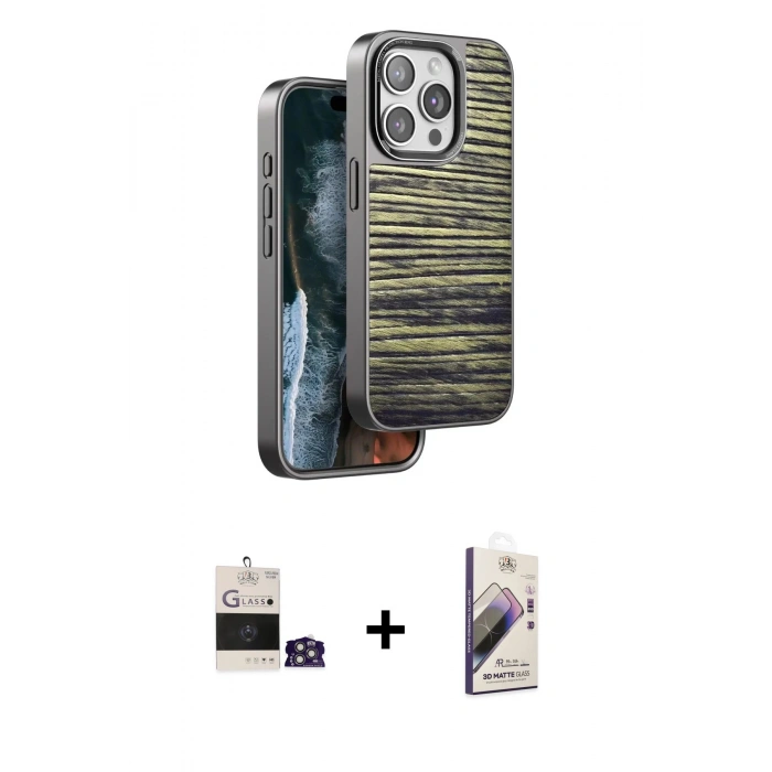 MARSİLYAN™- iPhone 14 Pro Max Kılıf Atlas Minimal Özel Seri - Siyah Bilvis 3D Mat Cam Ekran Koruyucu + Bilvis Titan Kamera Lens - GS