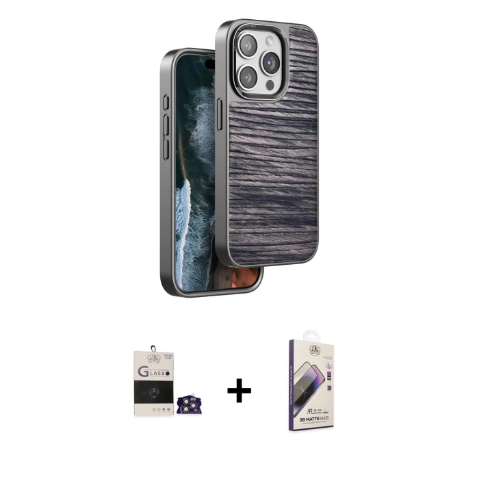 MARSİLYAN™- iPhone 14 Pro Max Kılıf Atlas Minimal Özel Seri - Siyah Bilvis 3D Mat Cam Ekran Koruyucu + Bilvis Titan Kamera Lens - GS