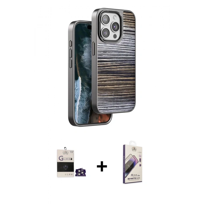 MARSİLYAN™- iPhone 14 Pro Max Kılıf Atlas Minimal Özel Seri - Siyah Bilvis 3D Mat Cam Ekran Koruyucu + Bilvis Titan Kamera Lens - GS