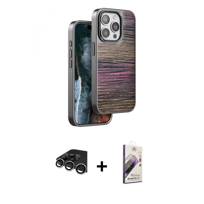 MARSİLYAN™- iPhone 14 Pro Max Kılıf Atlas Minimal Özel Seri - Siyah Bilvis 3D Mat Cam Ekran Koruyucu + Raze Metal Kamera Lens - GS