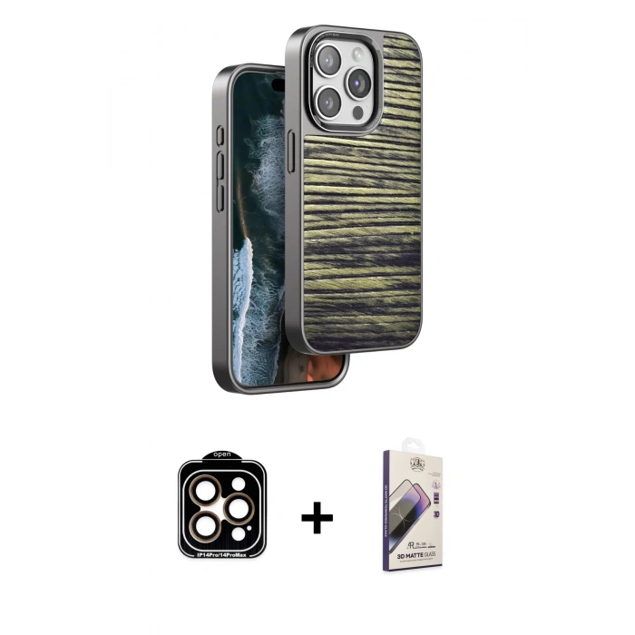 MARSİLYAN™- iPhone 14 Pro Max Kılıf Atlas Minimal Özel Seri - Siyah Bilvis 3D Mat Cam Ekran Koruyucu + PVD Metal Kamera Lens - TU