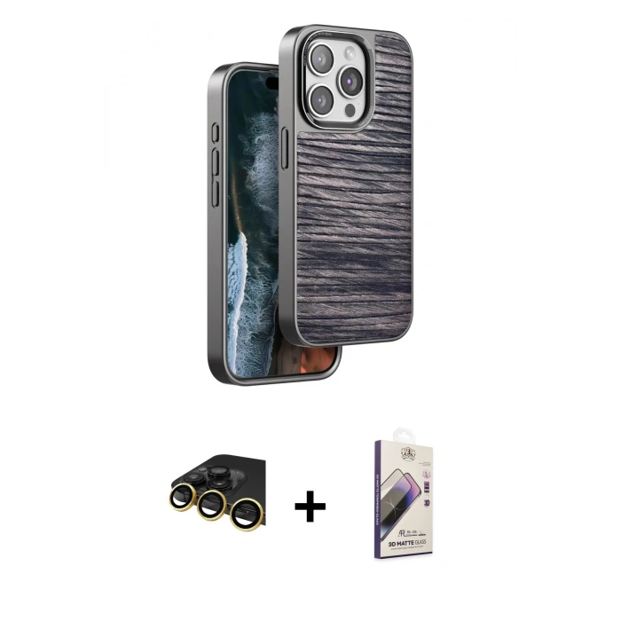 MARSİLYAN™- iPhone 14 Pro Max Kılıf Atlas Minimal Özel Seri - Siyah Bilvis 3D Mat Cam Ekran Koruyucu + Raze Metal Kamera Lens - GD