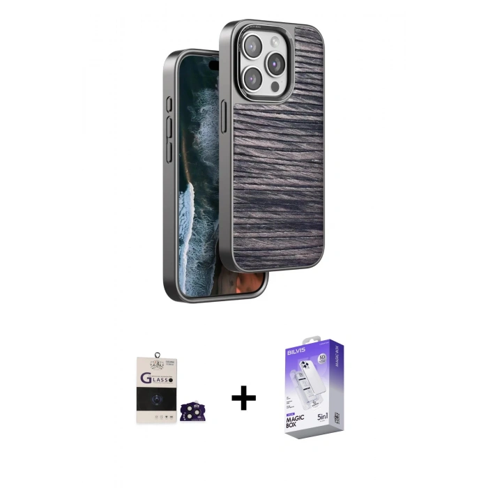 MARSİLYAN™- iPhone 14 Pro Max Kılıf Atlas Minimal Özel Seri - Siyah Bilvis 5in1 3D Magic Cam Ekran Koruyucu + Bilvis Titan Kamera Lens - DNMR