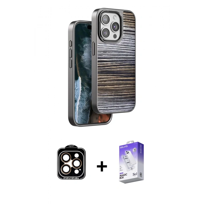 MARSİLYAN™- iPhone 14 Pro Max Kılıf Atlas Minimal Özel Seri - Siyah Bilvis 5in1 3D Magic Cam Ekran Koruyucu + PVD Metal Kamera Lens - TU