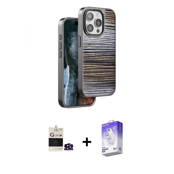 MARSİLYAN™- iPhone 14 Pro Max Kılıf Atlas Minimal Özel Seri - Siyah Bilvis 5in1 3D Magic Cam Ekran Koruyucu + Bilvis Titan Kamera Lens - DNMR