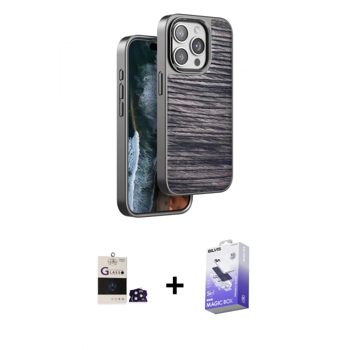 MARSİLYAN™- iPhone 14 Pro Max Kılıf Atlas Minimal Özel Seri - Siyah Bilvis 5in1 5D Magic Hayalet Cam Ekran Koruyucu + Bilvis Titan Kamera Lens - DNMR