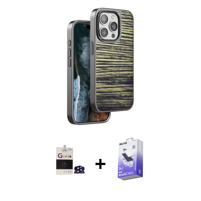MARSİLYAN™- iPhone 14 Pro Max Kılıf Atlas Minimal Özel Seri - Siyah Bilvis 5in1 5D Magic Hayalet Cam Ekran Koruyucu + Bilvis Titan Kamera Lens - DNMR