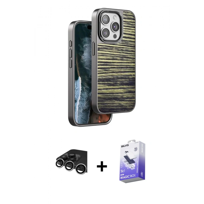 MARSİLYAN™- iPhone 14 Pro Max Kılıf Atlas Minimal Özel Seri - Siyah Bilvis 5in1 5D Magic Hayalet Cam Ekran Koruyucu + Raze Metal Kamera Lens - GS