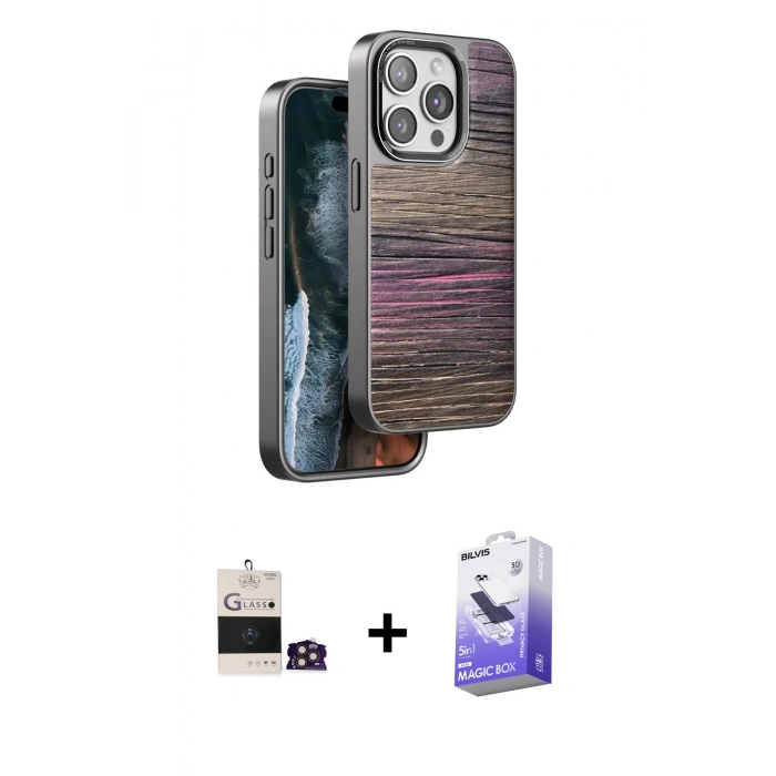 MARSİLYAN™- iPhone 14 Pro Max Kılıf Atlas Minimal Özel Seri - Siyah Bilvis 5in1 5D Magic Hayalet Cam Ekran Koruyucu + Bilvis Titan Kamera Lens - GD