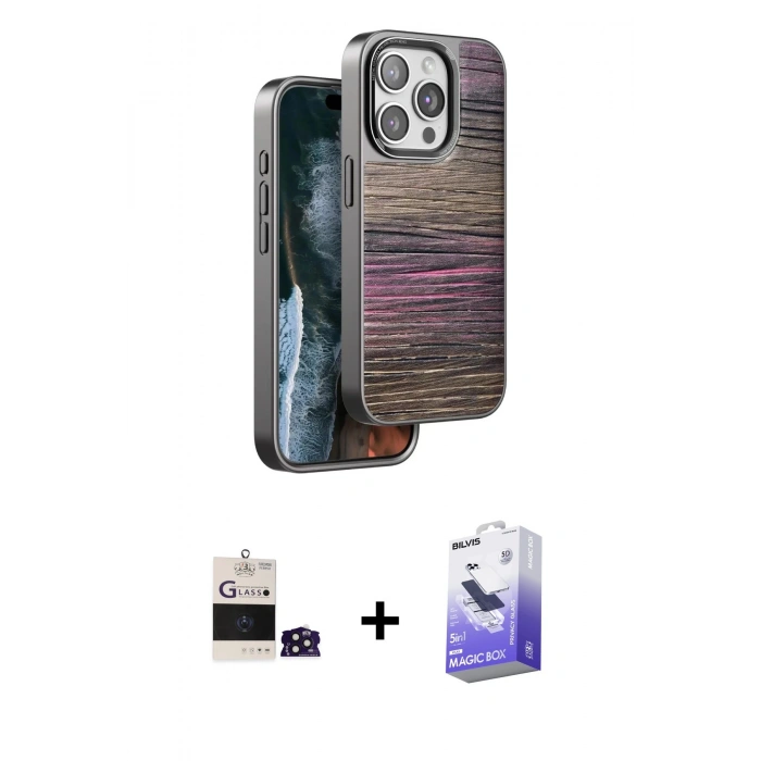 MARSİLYAN™- iPhone 14 Pro Max Kılıf Atlas Minimal Özel Seri - Siyah Bilvis 5in1 5D Magic Hayalet Cam Ekran Koruyucu + Bilvis Titan Kamera Lens - DNMR