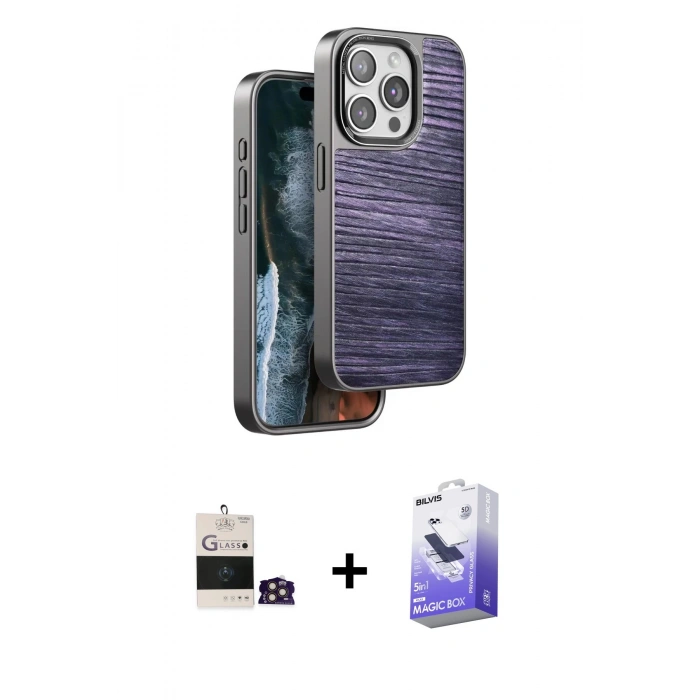 MARSİLYAN™- iPhone 14 Pro Max Kılıf Atlas Minimal Özel Seri - Siyah Bilvis 5in1 5D Magic Hayalet Cam Ekran Koruyucu + Bilvis Titan Kamera Lens - GD