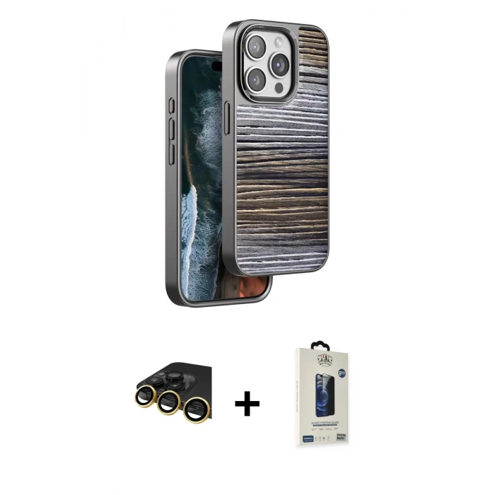 MARSİLYAN™- iPhone 14 Pro Max Kılıf Atlas Minimal Özel Seri - Siyah Bilvis Hayalet Cam Ekran Koruyucu + Raze Metal Kamera Lens - GD